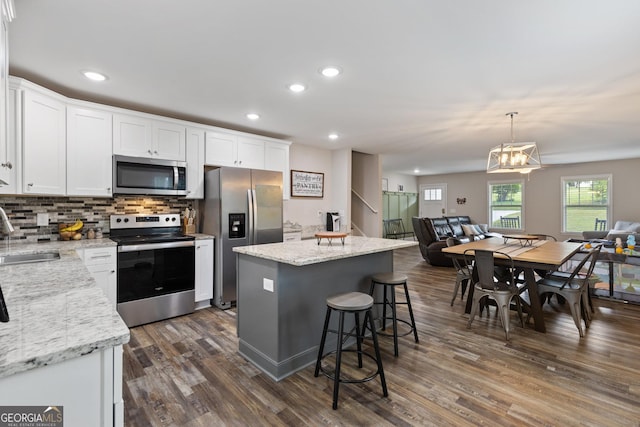 kitchen with a sink, open floor plan, appliances with stainless steel finishes, and dark wood-type flooring