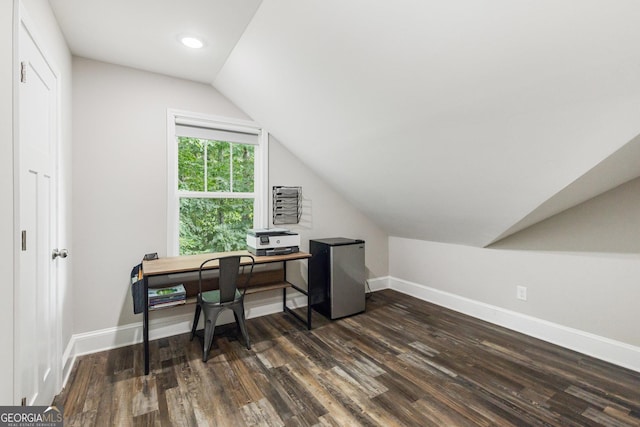 office with recessed lighting, dark wood-style flooring, baseboards, and vaulted ceiling