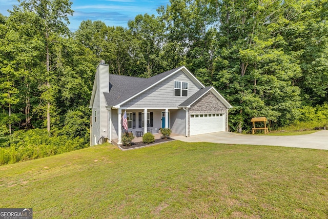 view of front of property with a shingled roof, a front lawn, concrete driveway, a porch, and a garage