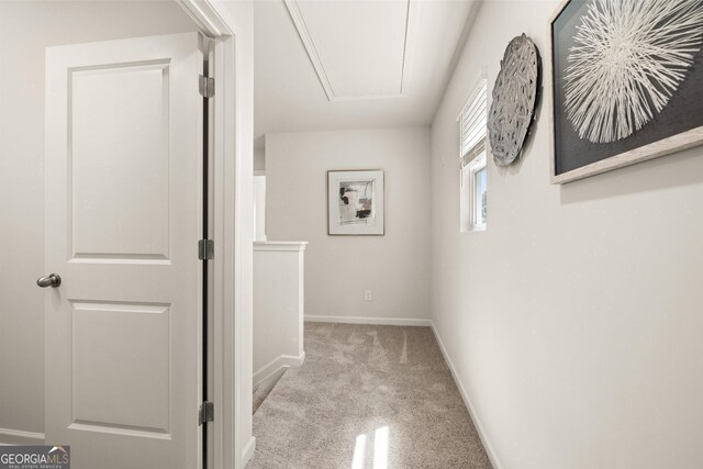 38 Buckingham Ln Unit 232, Hoschton, GA 30548 - corridor featuring carpet flooring, baseboards, and attic access