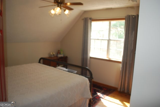 249 Spruce Creek Rd, Lakemont, GA 30552 - bedroom with multiple windows, lofted ceiling, wood finished floors, a ceiling fan, and baseboards