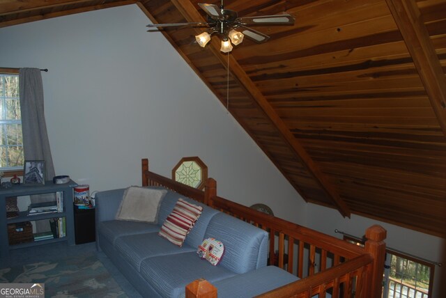 249 Spruce Creek Rd, Lakemont, GA 30552 - carpeted living room with ceiling fan and wood ceiling