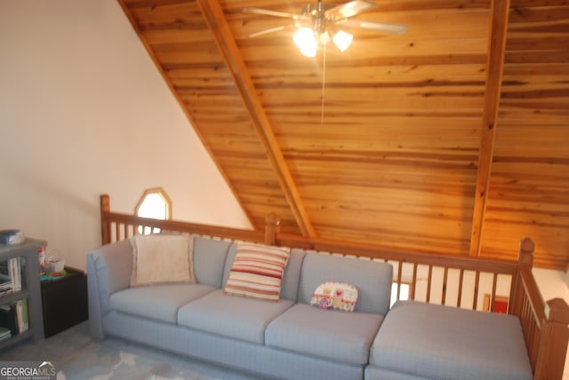 249 Spruce Creek Rd, Lakemont, GA 30552 - living room with ceiling fan, wooden ceiling, and vaulted ceiling