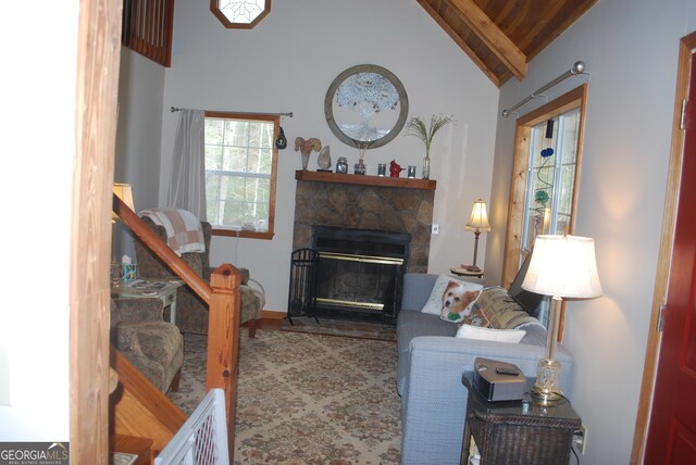 249 Spruce Creek Rd, Lakemont, GA 30552 - living area featuring a fireplace, wood ceiling, high vaulted ceiling, wood finished floors, and beamed ceiling