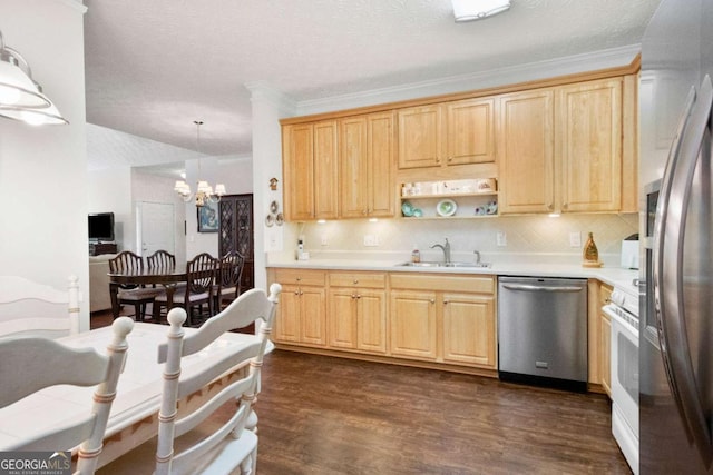 4573 Caleb Xing Unit 20, Powder Springs, GA 30127 - kitchen featuring dark wood-type flooring, light brown cabinetry, a chandelier, a sink, and stainless steel appliances