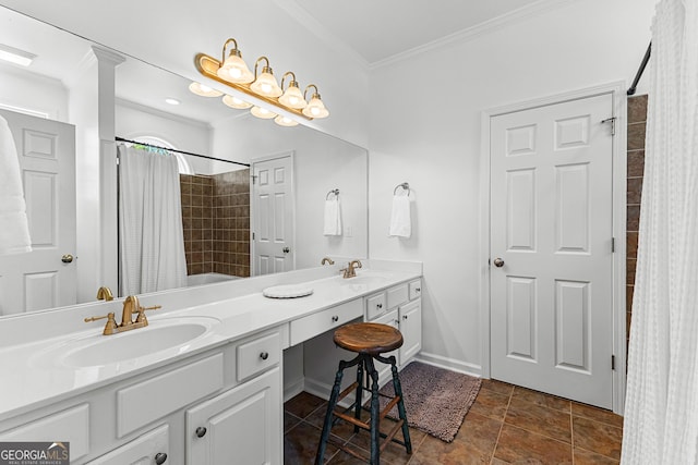 full bathroom featuring a sink, ornamental molding, baseboards, and double vanity
