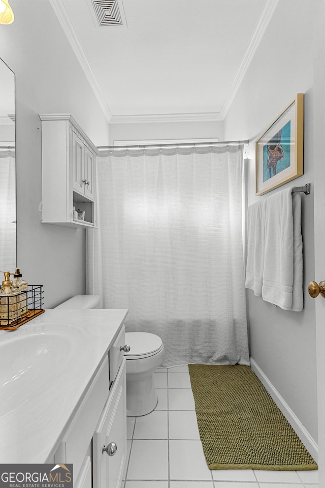 full bathroom with tile patterned floors, vanity, visible vents, and crown molding