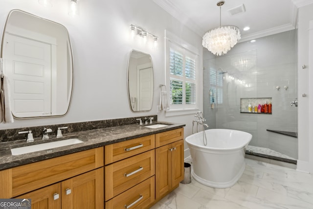 105 Whispering Oaks Ln, Saint Marys, GA 31558 - bathroom with tiled shower, marble finish floor, a sink, and crown molding