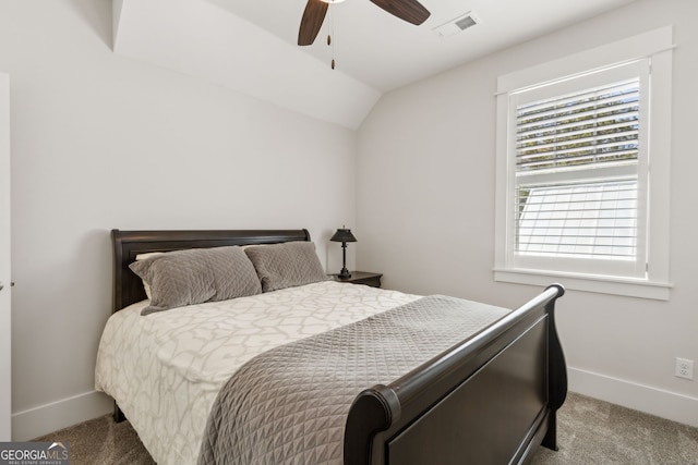 105 Whispering Oaks Ln, Saint Marys, GA 31558 - carpeted bedroom with visible vents, baseboards, a ceiling fan, and lofted ceiling
