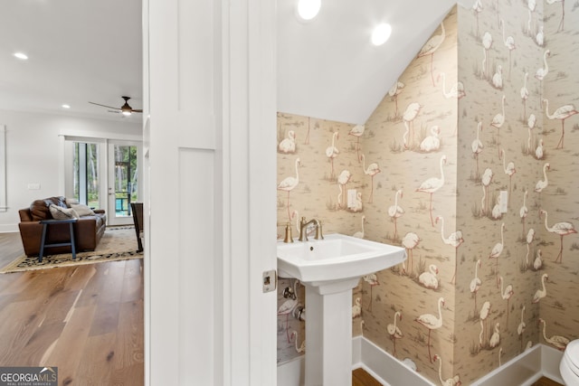 105 Whispering Oaks Ln, Saint Marys, GA 31558 - bathroom featuring ceiling fan, recessed lighting, wood finished floors, lofted ceiling, and baseboards