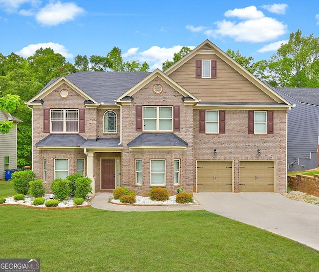 craftsman-style home with brick siding, driveway, an attached garage, and a front lawn
