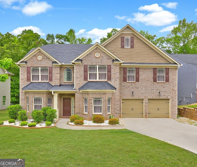 5280 Clingman Ct, Douglasville, GA 30135 - view of front of home with an attached garage, driveway, a front yard, brick siding, and a shingled roof