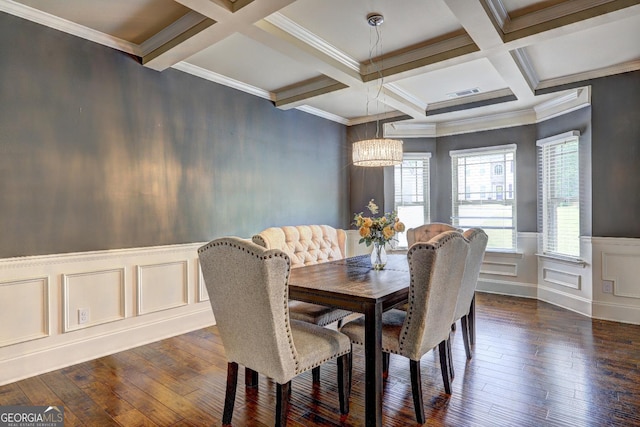 5280 Clingman Ct, Douglasville, GA 30135 - dining area with beamed ceiling, dark wood finished floors, a decorative wall, coffered ceiling, and a wainscoted wall