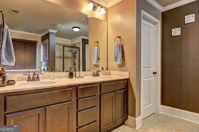 full bath with a shower stall, a sink, and visible vents