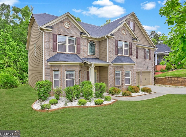 5280 Clingman Ct, Douglasville, GA 30135 - craftsman inspired home with a garage, driveway, a front lawn, and brick siding