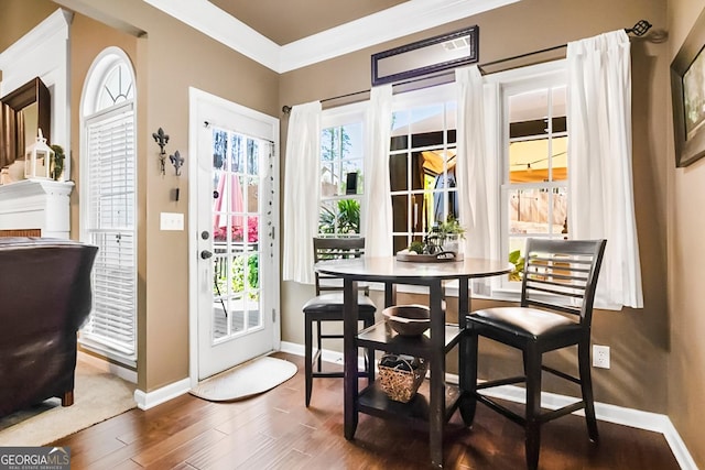 entryway with baseboards, plenty of natural light, wood finished floors, and ornamental molding