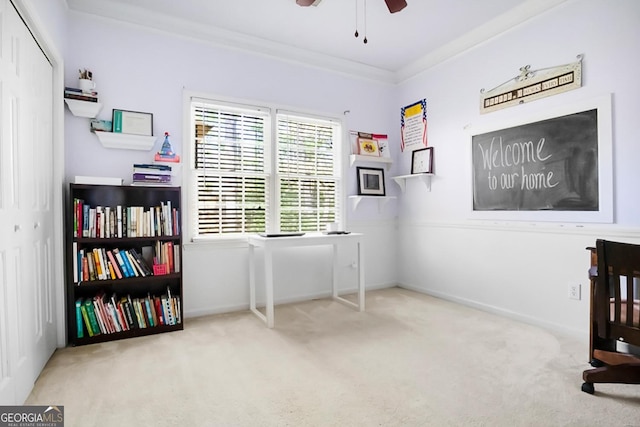 561 Valleyside Dr, Dallas, GA 30157 - carpeted home office featuring ceiling fan, crown molding, and baseboards