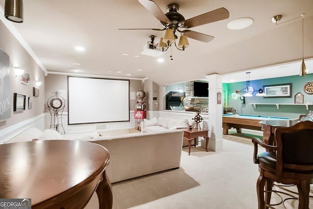 561 Valleyside Dr, Dallas, GA 30157 - cinema room featuring billiards, ceiling fan, carpet flooring, crown molding, and recessed lighting