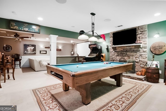 561 Valleyside Dr, Dallas, GA 30157 - playroom featuring a stone fireplace, ornate columns, and billiards table
