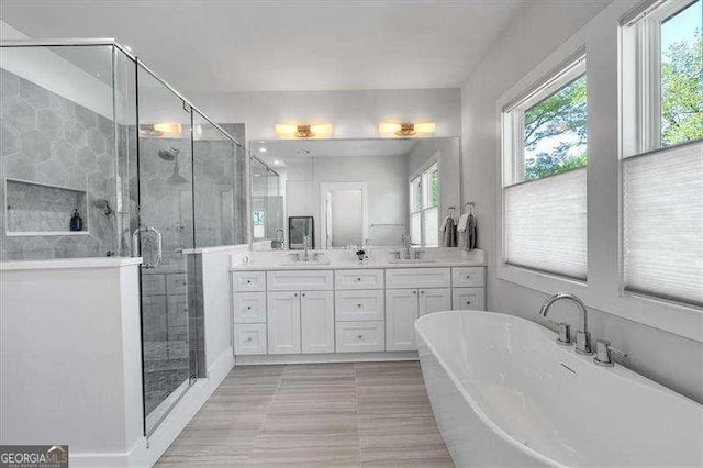 full bathroom featuring a stall shower, a sink, and plenty of natural light