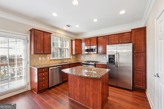kitchen with dark stone counters, appliances with stainless steel finishes, a sink, and dark wood-style floors