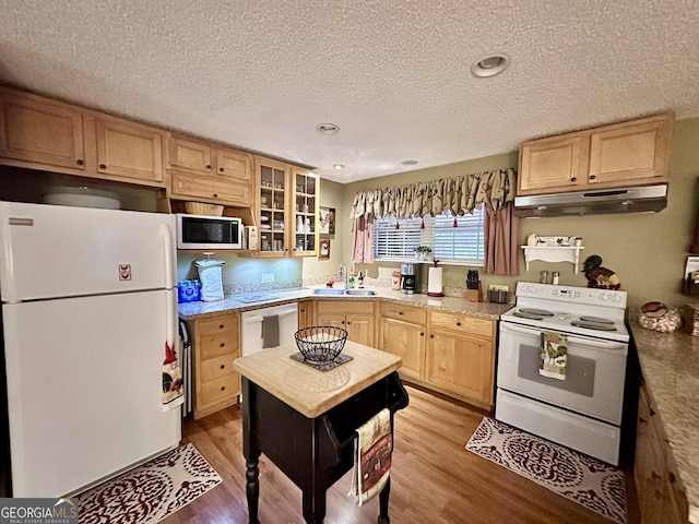 80 Hill Farm Rd, Alamo, GA 30411 - kitchen with white appliances, under cabinet range hood, a sink, light brown cabinetry, and a textured ceiling