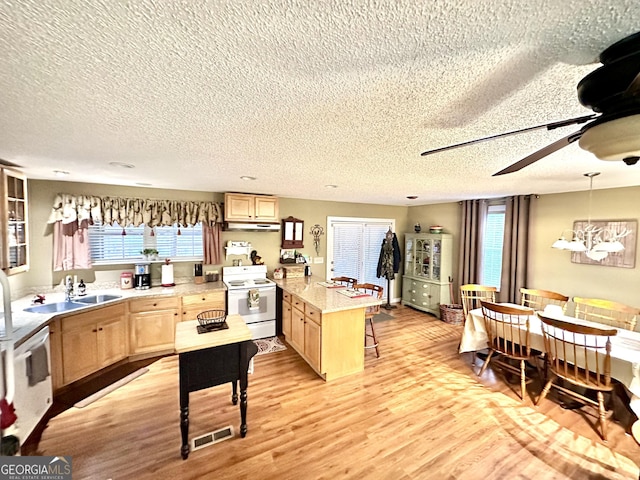 80 Hill Farm Rd, Alamo, GA 30411 - kitchen featuring white electric stove, light brown cabinetry, a sink, a textured ceiling, and a peninsula