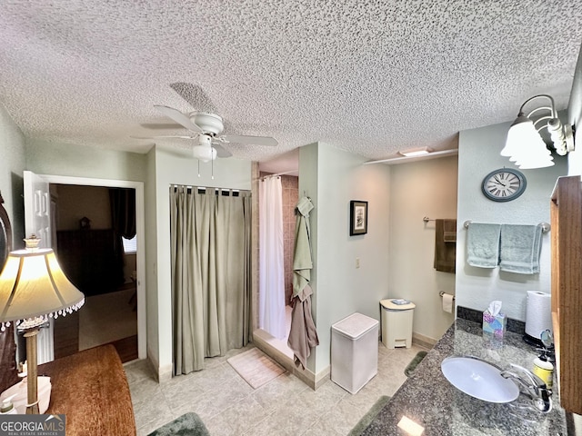 80 Hill Farm Rd, Alamo, GA 30411 - full bath with a shower with shower curtain, a ceiling fan, tile patterned flooring, a textured ceiling, and vanity