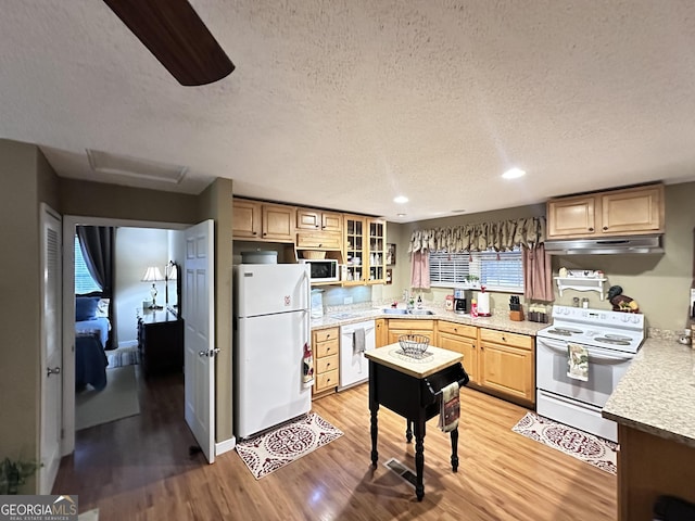 80 Hill Farm Rd, Alamo, GA 30411 - kitchen featuring white appliances, a textured ceiling, light wood-style floors, light countertops, and a sink