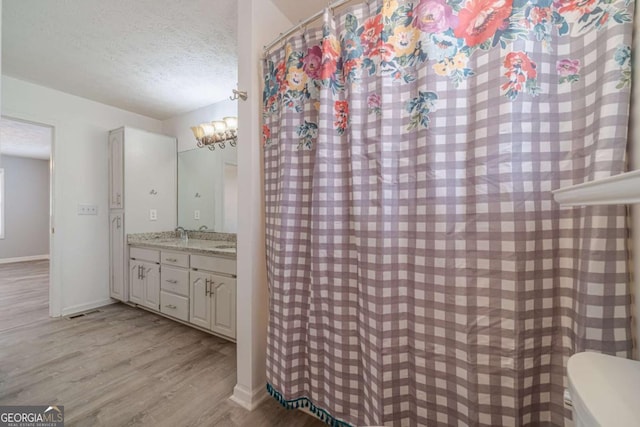 29 Monte Ln, Jefferson, GA 30549 - bathroom featuring a textured ceiling, wood finished floors, vanity, and a shower with curtain