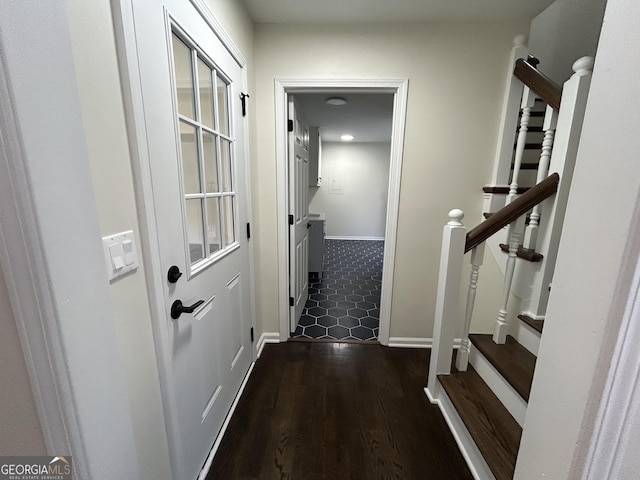 22 Edgewood Dr, Carrollton, GA 30116 - hallway featuring recessed lighting, stairs, dark wood-style floors, and baseboards