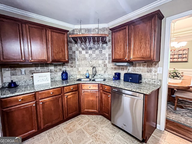 kitchen with decorative backsplash, stainless steel dishwasher, a sink, and light stone countertops