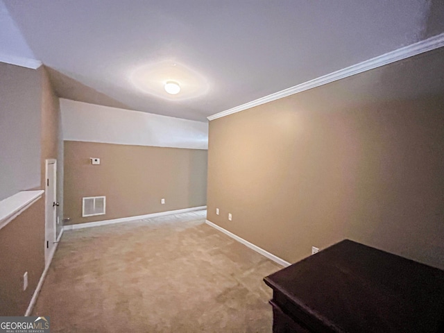 additional living space featuring visible vents, baseboards, and light carpet
