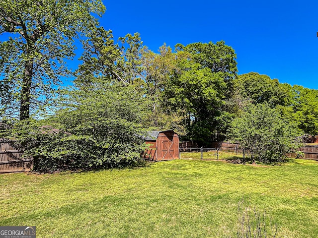view of yard with a storage shed, a fenced backyard, and an outdoor structure