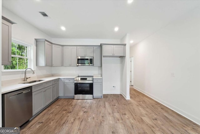 kitchen featuring a sink, light wood-type flooring, appliances with stainless steel finishes, and gray cabinetry