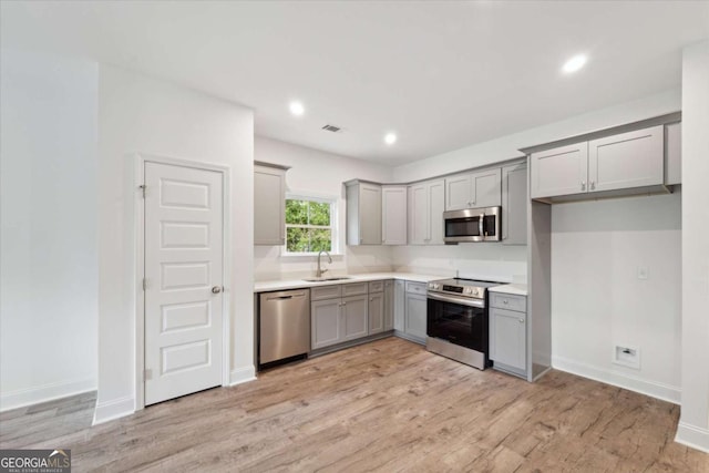 kitchen with light wood-style flooring, visible vents, gray cabinets, a sink, and stainless steel appliances