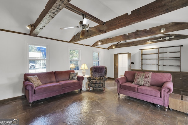 215 Cedar St, Anderson, SC 29626 - living area with baseboards, a ceiling fan, and lofted ceiling with beams