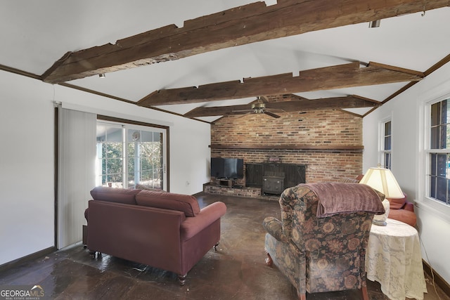 215 Cedar St, Anderson, SC 29626 - living area featuring a wood stove, a ceiling fan, and lofted ceiling with beams