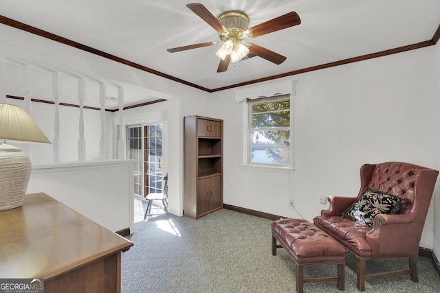 215 Cedar St, Anderson, SC 29626 - sitting room with carpet, baseboards, crown molding, and ceiling fan