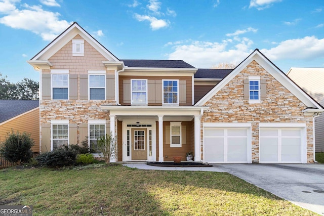 2319 White Alder Dr, Buford, GA 30519 - traditional-style house featuring a garage, driveway, stone siding, and a front lawn