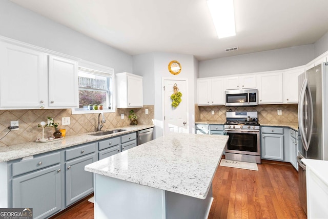 2319 White Alder Dr, Buford, GA 30519 - kitchen featuring tasteful backsplash, visible vents, white cabinets, a sink, and appliances with stainless steel finishes