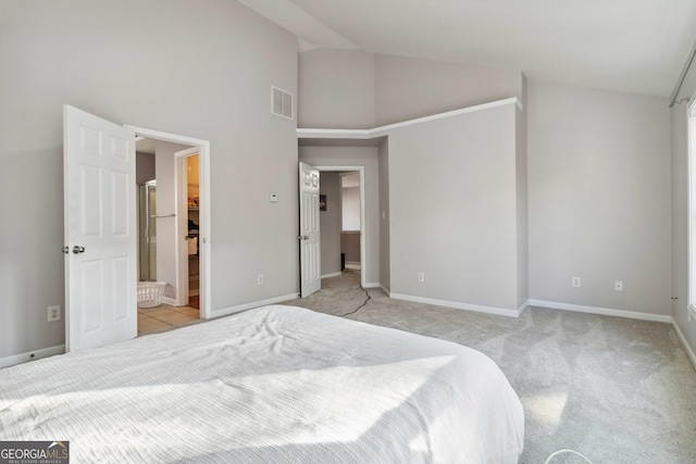 2319 White Alder Dr, Buford, GA 30519 - bedroom featuring visible vents, baseboards, high vaulted ceiling, and light carpet