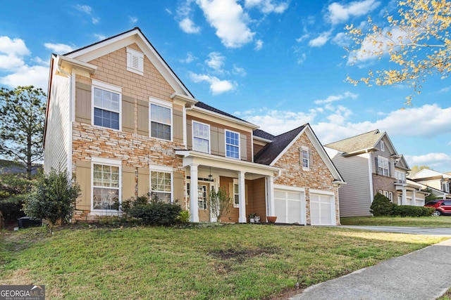 2319 White Alder Dr, Buford, GA 30519 - view of front of house with a front yard, a residential view, driveway, and stone siding