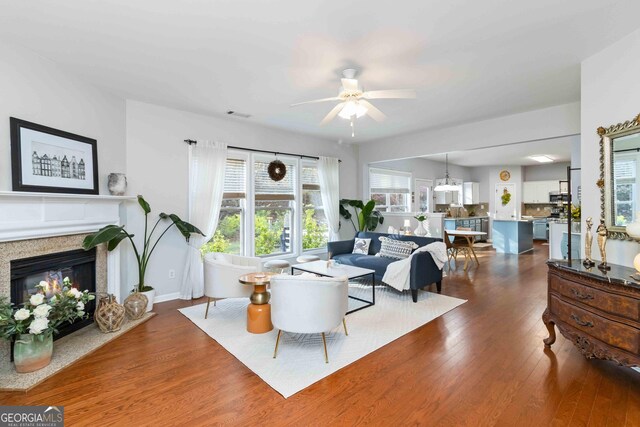 2319 White Alder Dr, Buford, GA 30519 - living room with a wealth of natural light, a ceiling fan, a glass covered fireplace, and dark wood-style floors