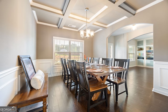 32 Winifred Way, Senoia, GA 30276 - dining room with a chandelier, healthy amount of natural light, coffered ceiling, beamed ceiling, and dark wood-style flooring