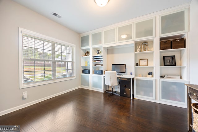 32 Winifred Way, Senoia, GA 30276 - office space with dark wood finished floors, baseboards, and built in shelves