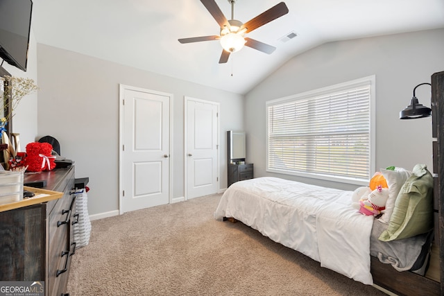 32 Winifred Way, Senoia, GA 30276 - bedroom with lofted ceiling, carpet floors, a ceiling fan, and baseboards