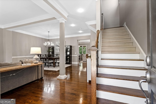 3105 Neal Ct, Cumming, GA 30041 - staircase with crown molding, decorative columns, recessed lighting, a chandelier, and wood finished floors