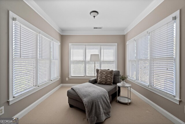 3105 Neal Ct, Cumming, GA 30041 - sitting room featuring ornamental molding, visible vents, carpet flooring, and plenty of natural light