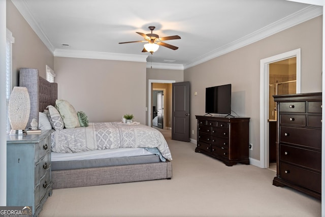 3105 Neal Ct, Cumming, GA 30041 - bedroom with baseboards, ornamental molding, light carpet, a ceiling fan, and visible vents